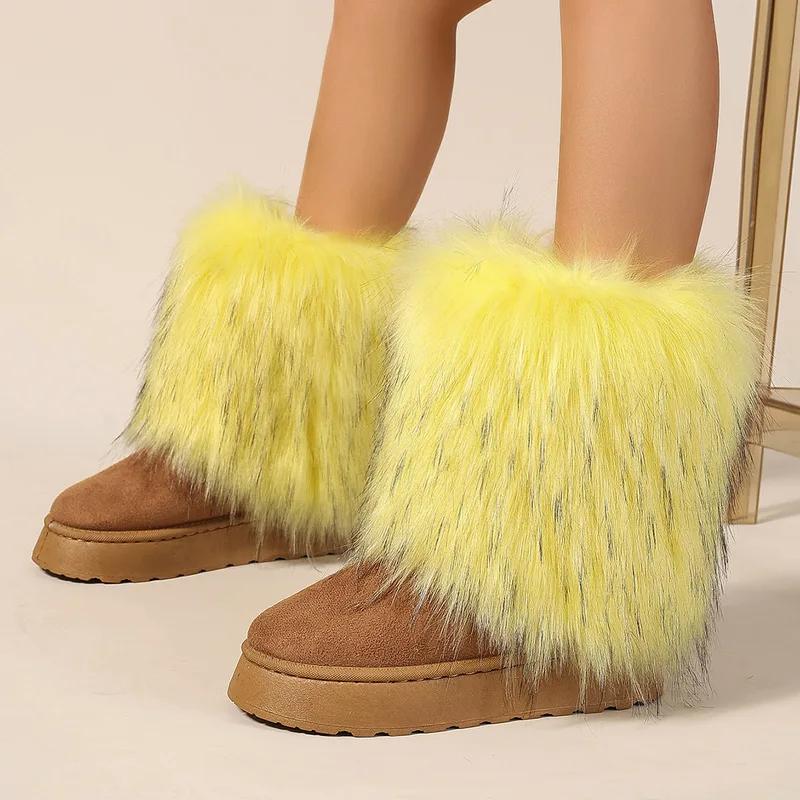 Winter women faux fur snow boots warm short plush lining fluffy fashion furry shoes woman platform suede leather ankle boots
