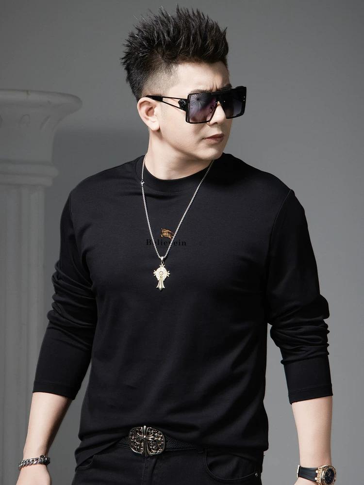 European Style Trendy Printed Round Neck Base Shirt Men's Long-Sleeve T-Shirt 2025 New Autumn Casual Top Tee
