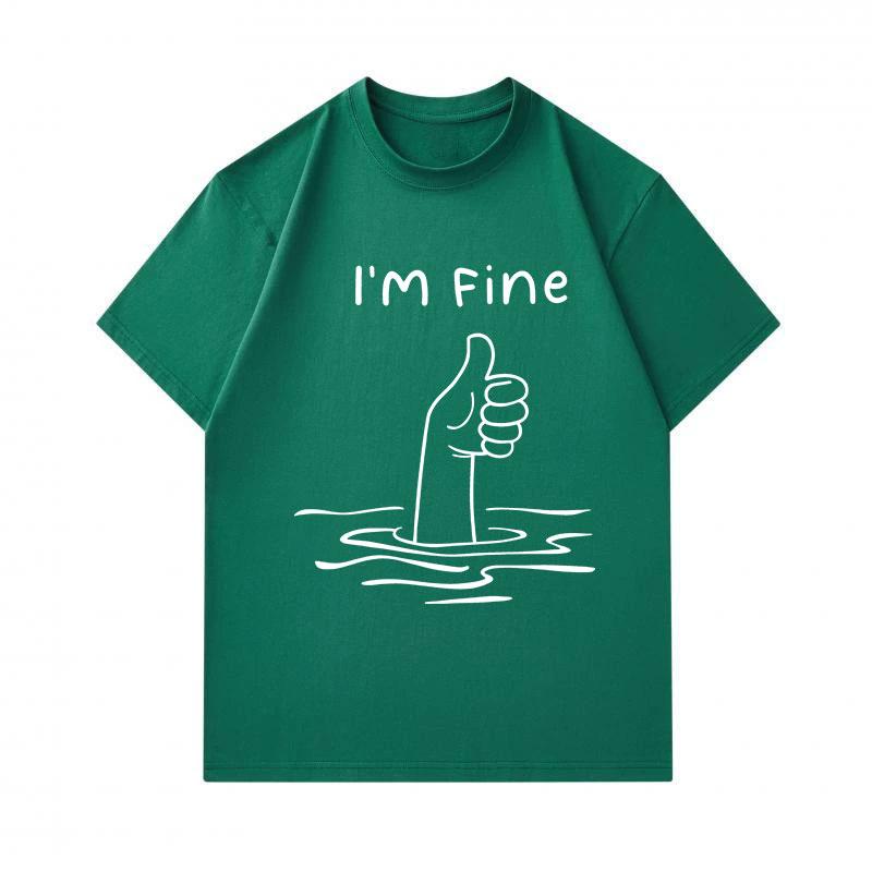Men's 100% Cotton Crew Neck Short Sleeve T-Shirt, Funny Drowning Hand Thumbs Up I'm Fine Print Casual Soft Breathable Summer Tee for Daily Wear