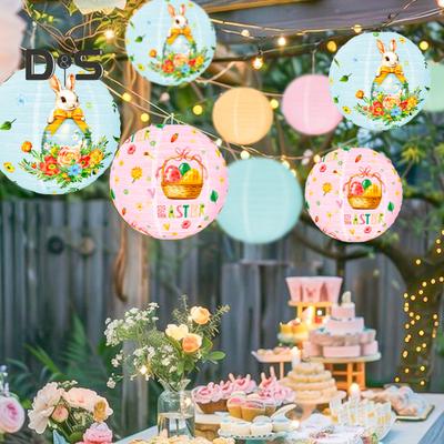 Paskalya Yuvarlak Kağıt Fener 11.81" Çap Paskalya Tavşanı Yumurta Baskılı Asılı Fener Çin Japon Kağıt Fener Ev Restoran Paskalya Dekoru için