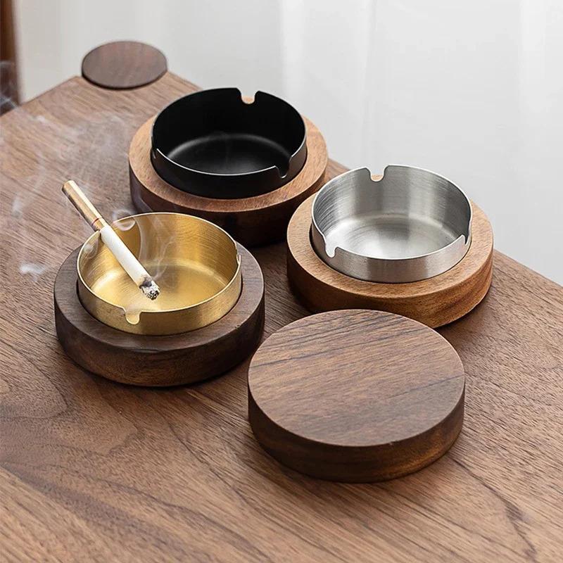 New Wooden Ashtray Steel Liner Windproof Ashtray Easy To Clean Patio Office Home Cigar Durable Holder WithLid Smokers Stainless