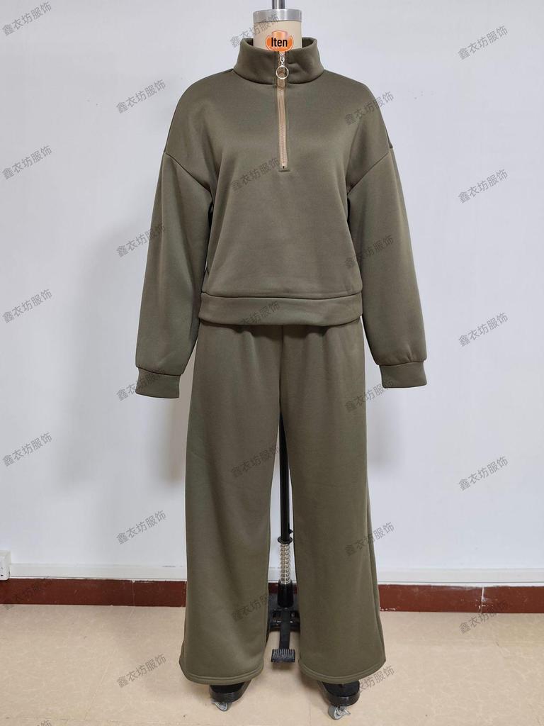 2025 Women's Casual Half-Zip Hoodie and Long Pants Set - European & American Autumn/Winter Style.