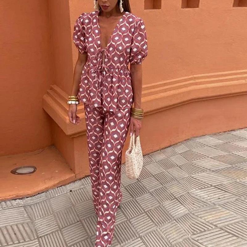 2026 New Women s Clothing Fashion Printing Pleated Women s Pants Suit Elegant Temperament Lace-up Hollow Suit S розовый