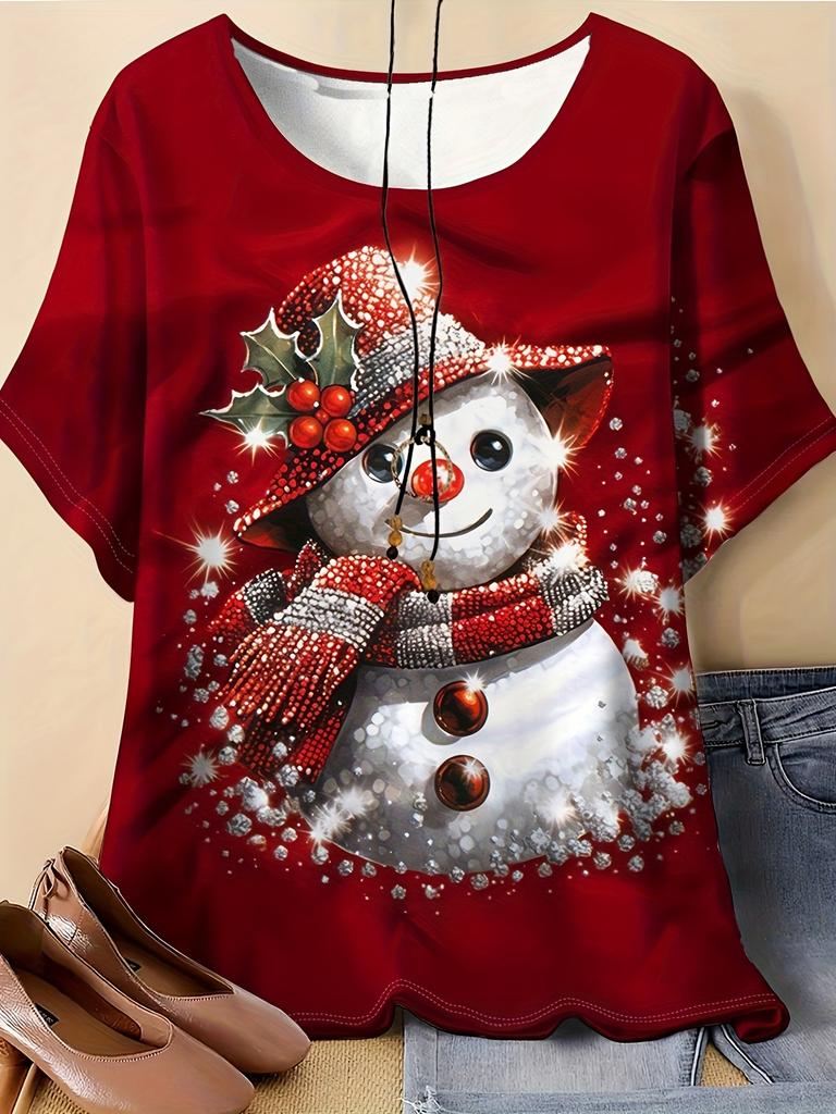 Elegant Snowman Printed Red Christmas Top for Women, Short Sleeved T-shirt, Casual Winter and Summer Women's Clothing