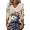 Women's Loose Comfortable Casual Fashion V-Neck Christmas Print 3/4 Sleeve Top