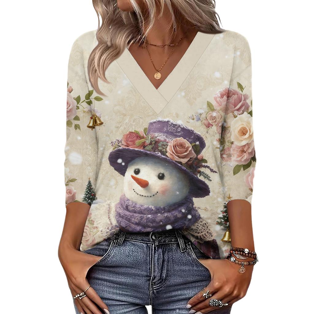 Women's Loose Comfortable Casual Fashion V-Neck Christmas Print 3/4 Sleeve Top