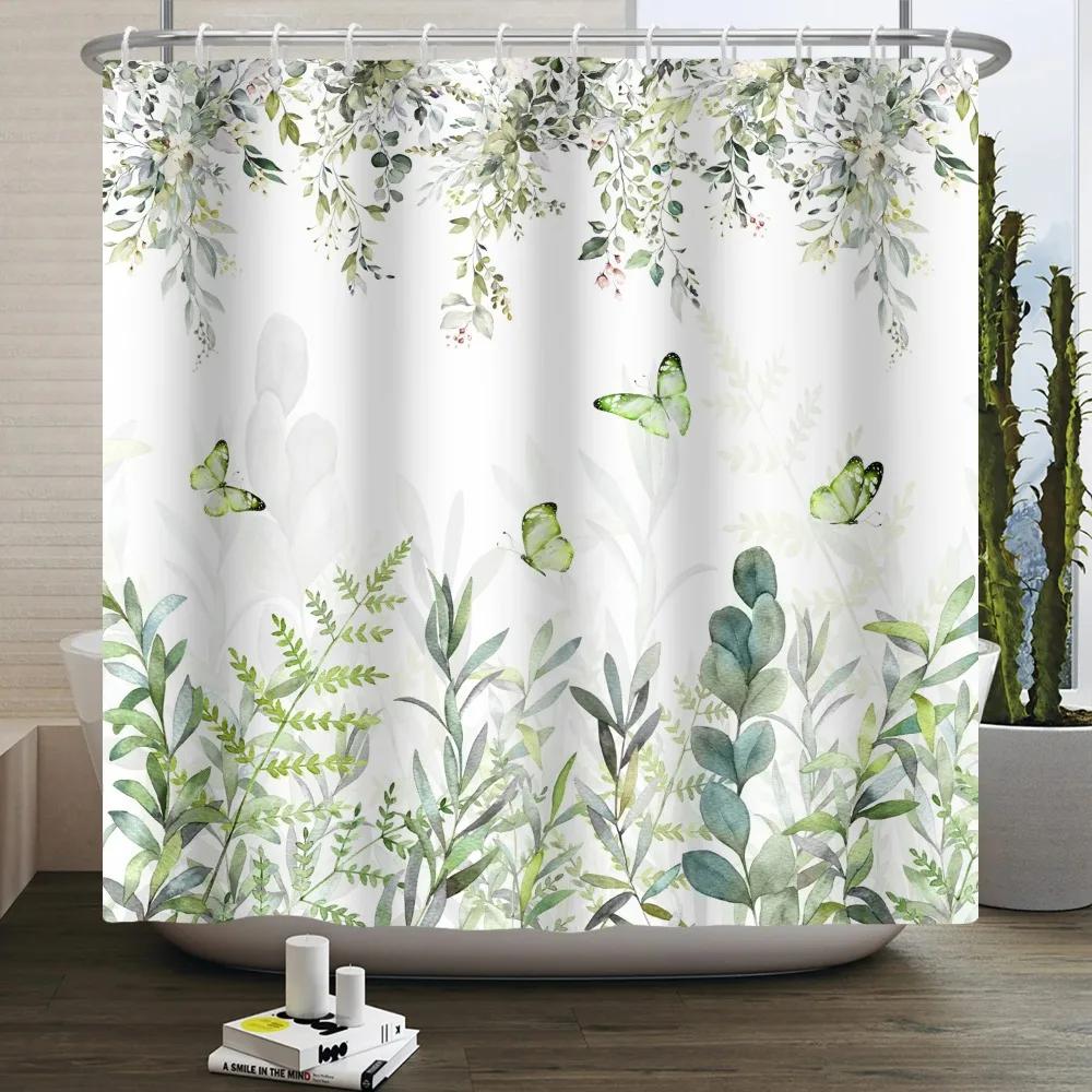 Green Eucalyptus Leaves Plant Shower Curtain Watercolor Leaf Floral Flower Boho Waterproof Bathtub Bathroom Shower Curtain Decor