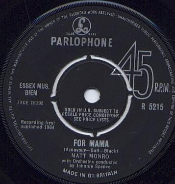 

7inch Record MATT MONRO For Mama R5215 Parlophone 1964 UK Pop Used