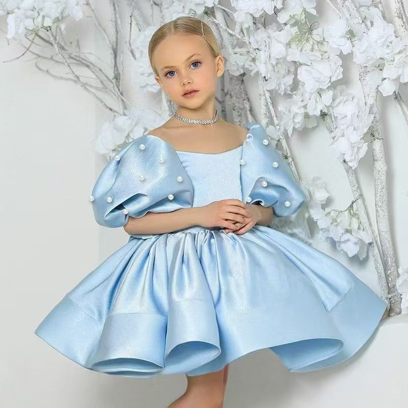 Children's Fashion Show Evening Gown, White Fluffy Silk Princess Dress, Small Host Performance Costume