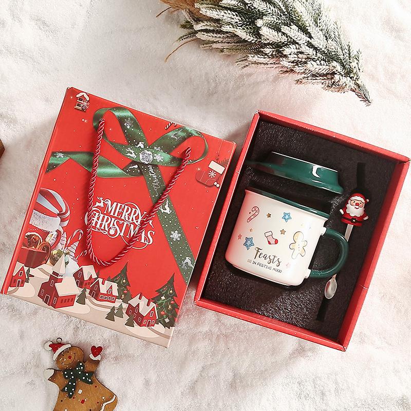 Christmas Ceramic Cup Souvenir Mug Creative Gift Box with Lid Spoon Couple Water Cup Christmas Gift Cup