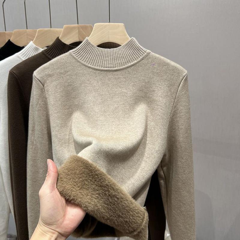 Autumn and Winter Plush Thick Velvet Base Women's Sweaters Long Sleeve Half High Collar Warm Knitted Sweater Ladies Elegant Solid Pullover Tops 24870