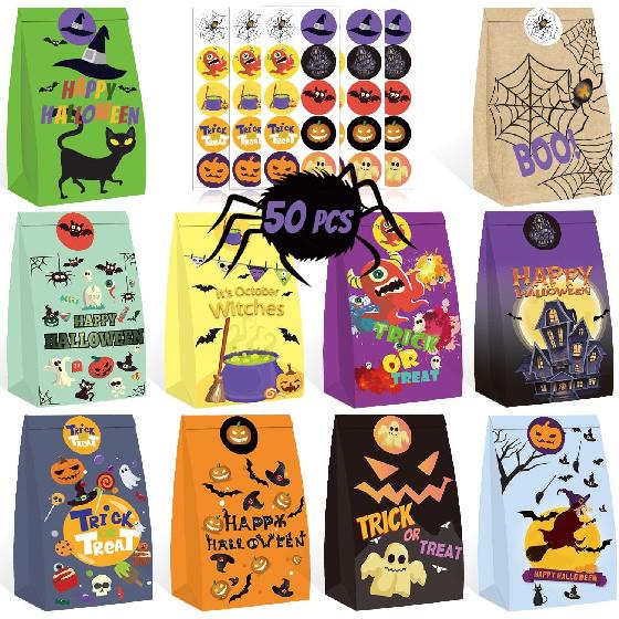 WOONOO 50PCS Halloween Treat Bags Candy Bags for Halloween Party, 10 Styles Paper Halloween Goodie Bags for Party Favors with 50PCS Stickers,