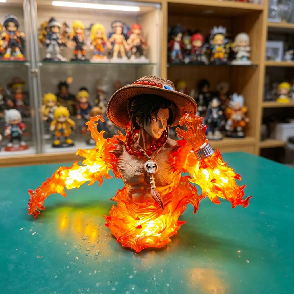 One Piece Portgas D Ace Anime Bust Figure Light Up Flame Effect Statue Collectible Model Toy Desktop Ornament Home Decor Gift