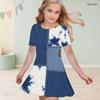 Girls Round Neck Short Sleeve Abstract Printed Blue Beige White A Line Flared Dress