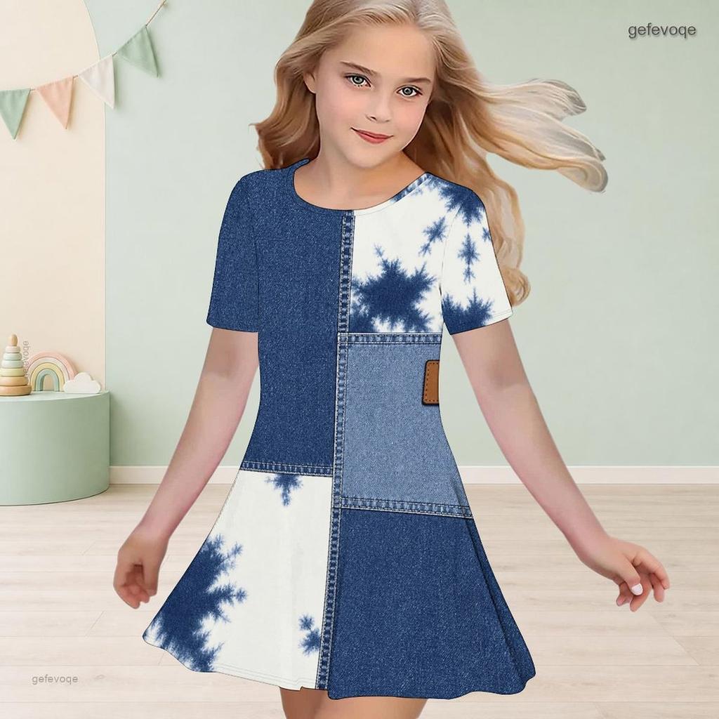 Girls Round Neck Short Sleeve Abstract Printed Blue Beige White A Line Flared Dress