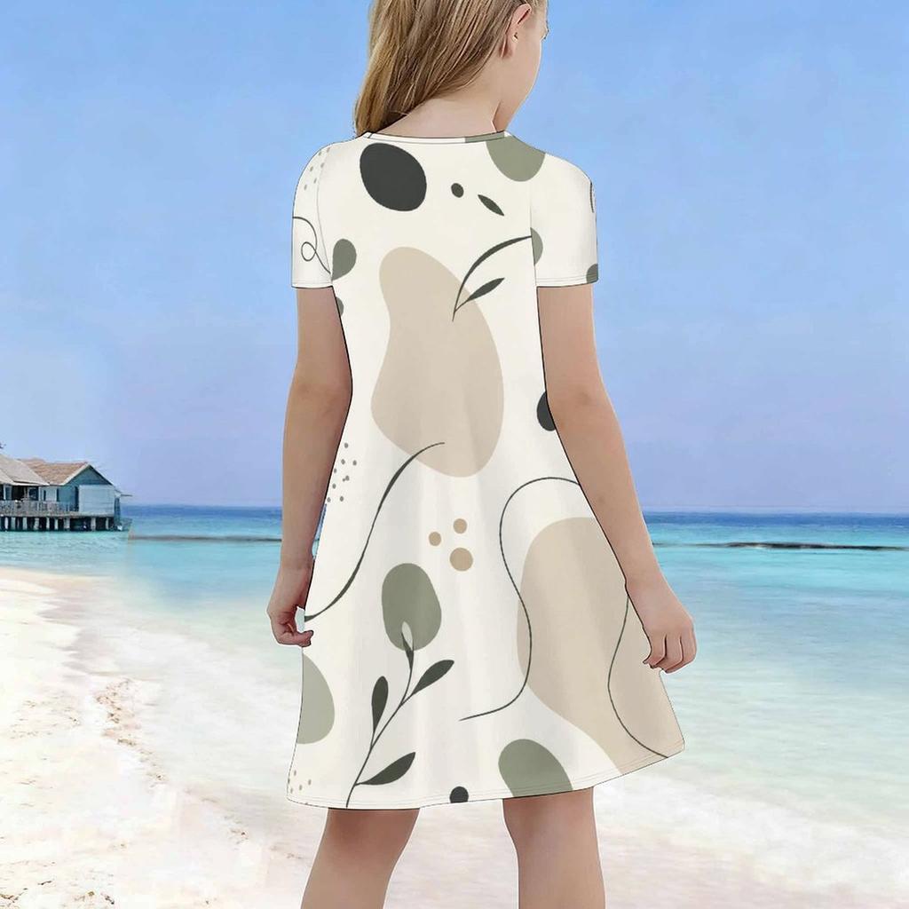 Girls Round Neck Short Sleeve Abstract Marble Printed A Line Flared Dress