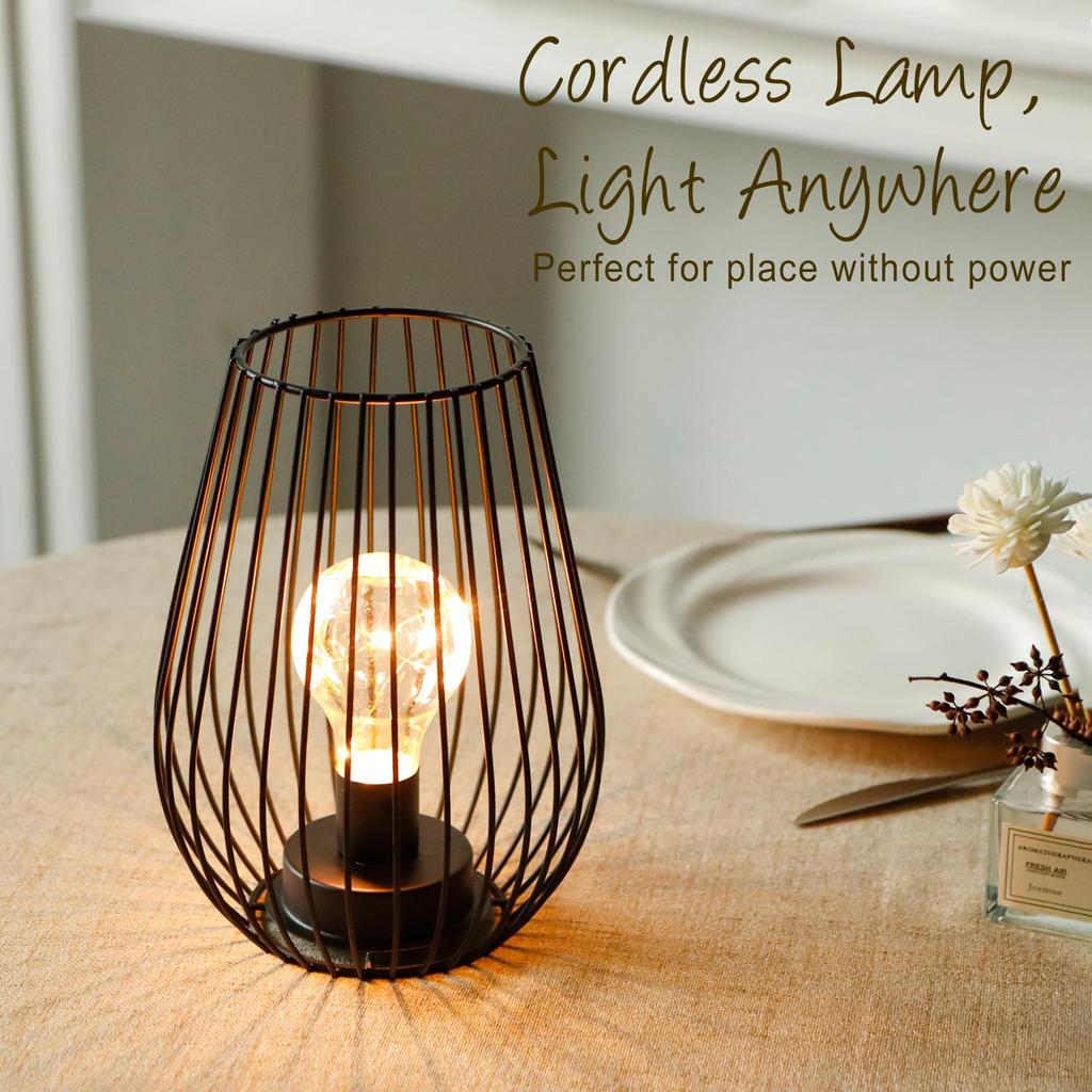 TRIROCKS Metal Cordless Table Lamp - 8-inch Tall Cage-Shaped Battery-Operated Lamp with Warm Fairy Light Bulb - Perfect for Indoor/Outdoor Use, Christ