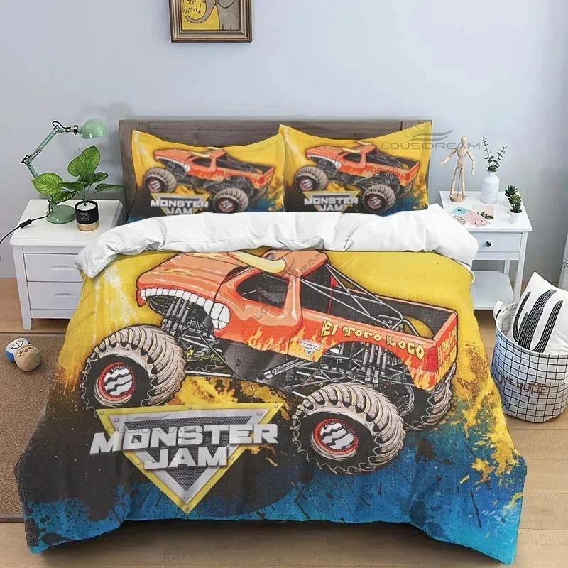 3D Super Monster Truck Monster Jam Comforter Bedding Set,Duvet Cover Bed Set Quilt Cover Pillowcase,King Queen Size Bedding Set