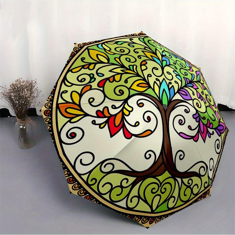 1 Stück Baum des Lebens Mandala Automatischer Faltregenschirm - 8-Speichen Eisenrahmen, Winddicht, Tragbarer Sonnenschirm mit Kunststoffgriff für Reisen & Outdoor