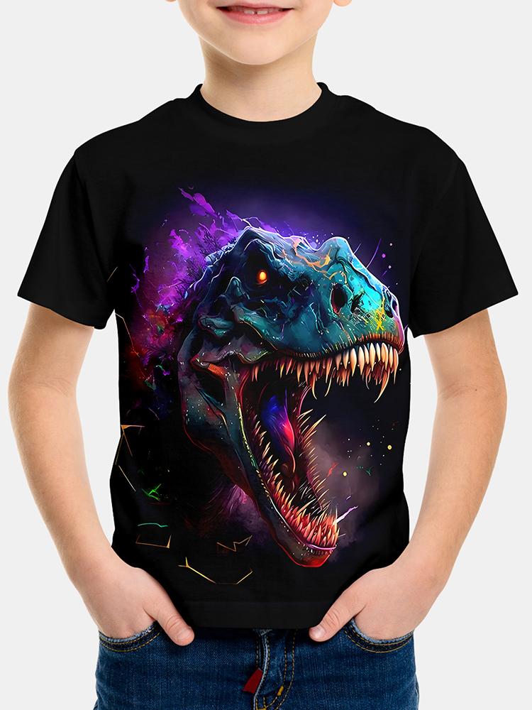 3D Print Digital Dinosaur Boys Creative T-shirt, Casual Lightweight Comfy Short Sleeve Tee Tops, Kids Clothings For Summer