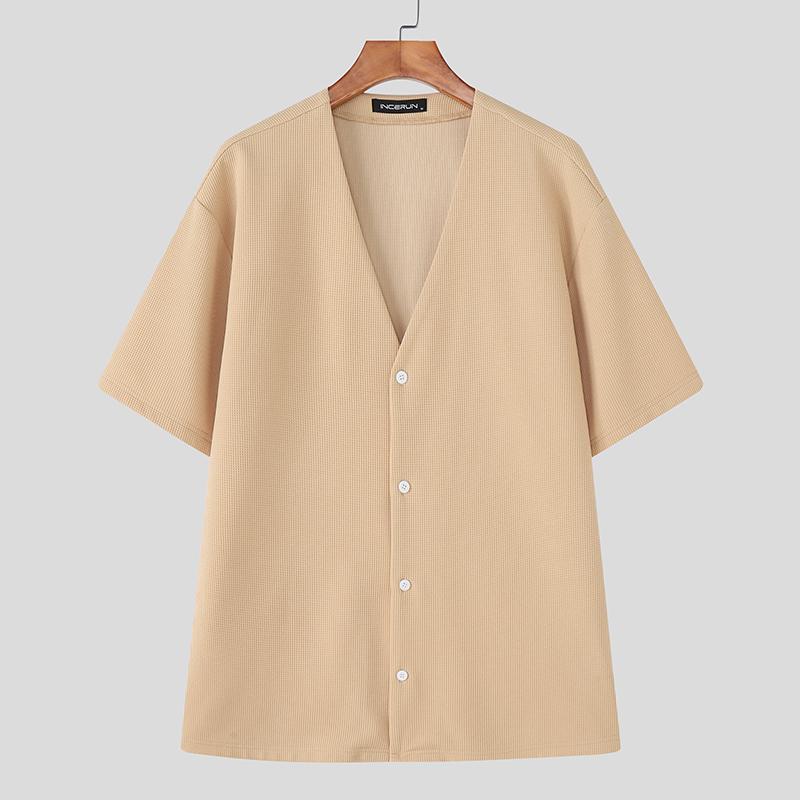 

INCERUN Мужские рубашки с V-образным вырезом, короткими рукавами, на пуговицах, повседневные, свободные, текстурные L хаки