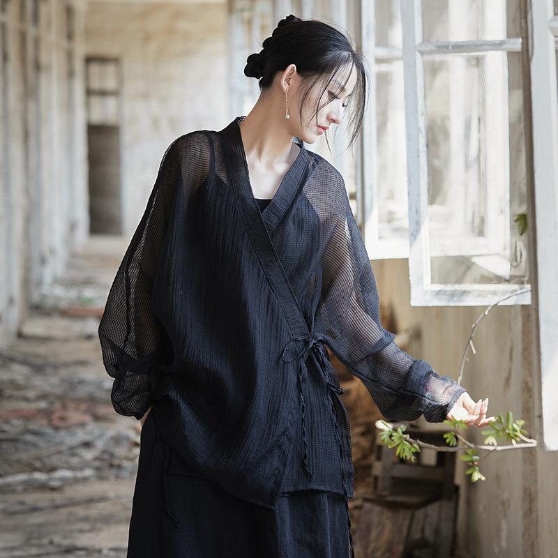 

Johnature Женские винтажные рубашки в китайском стиле с V-образным вырезом и длинным рукавом Летние рубашки Свободные мягкие женские блузки M чёрный