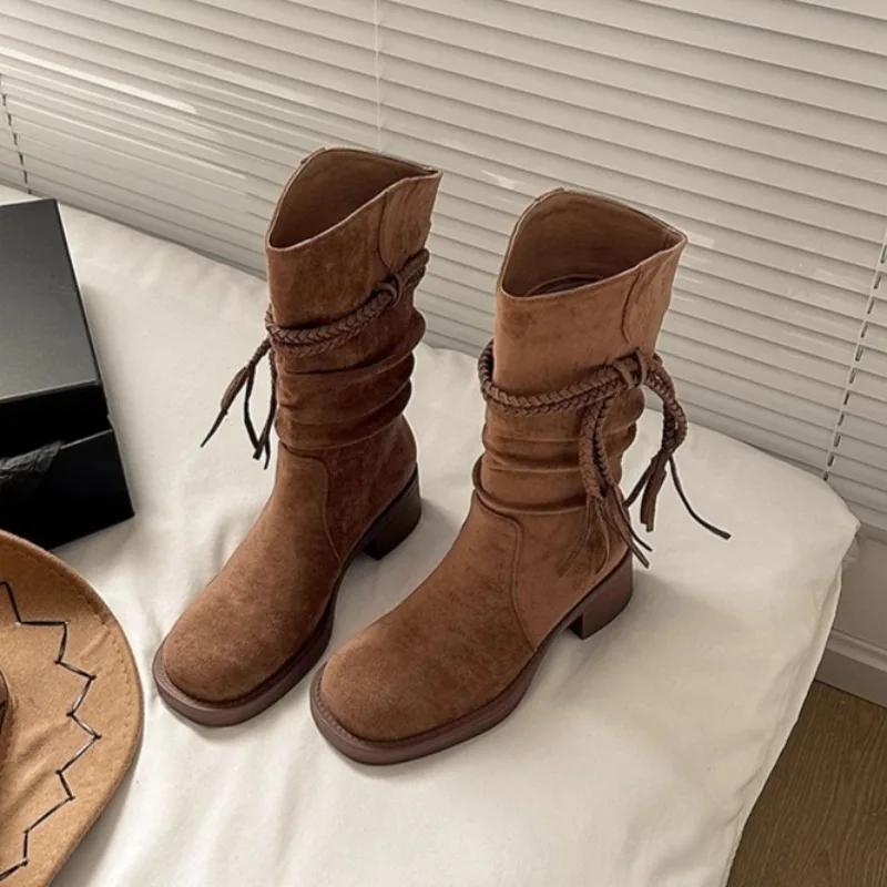 

Модные весенне-осенние этнические современные сапоги с кисточками до середины икры на квадратном каблуке, женская обувь на распродаже 2025, модные сапоги на среднем каблуке с круглым носком 35