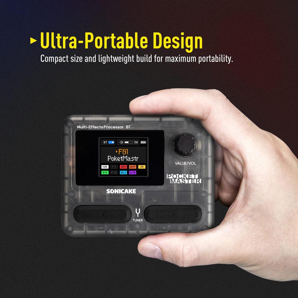SONICAKE Pocket Master Guitar and Bass Amp Modeling IR Cabinet Simulation Multi-Effects Stereo OTG USB Audio Interface BT Audio 1.75-inch LCD Color