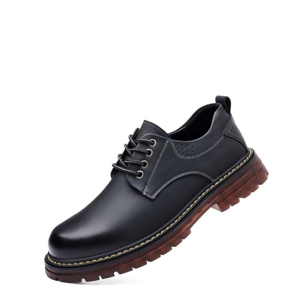 Men's Leather Thick-Soled Casual Derby Shoes for Spring/Autumn - Formal Black Low-Top Martin Boots