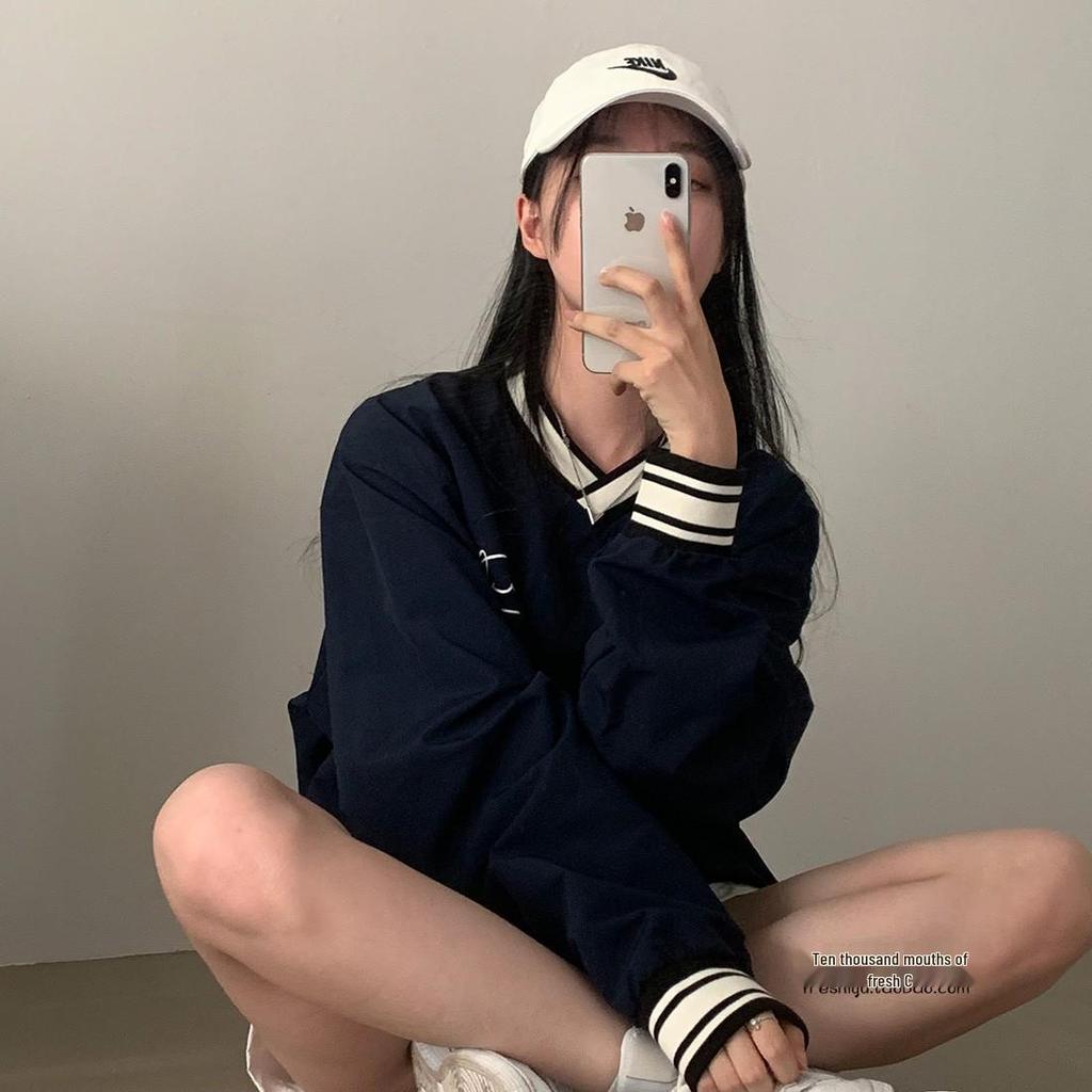 Navy V-Neck Color Block Baseball Girl Sweatshirt - Casual Loose Fit, Thin Long Sleeve