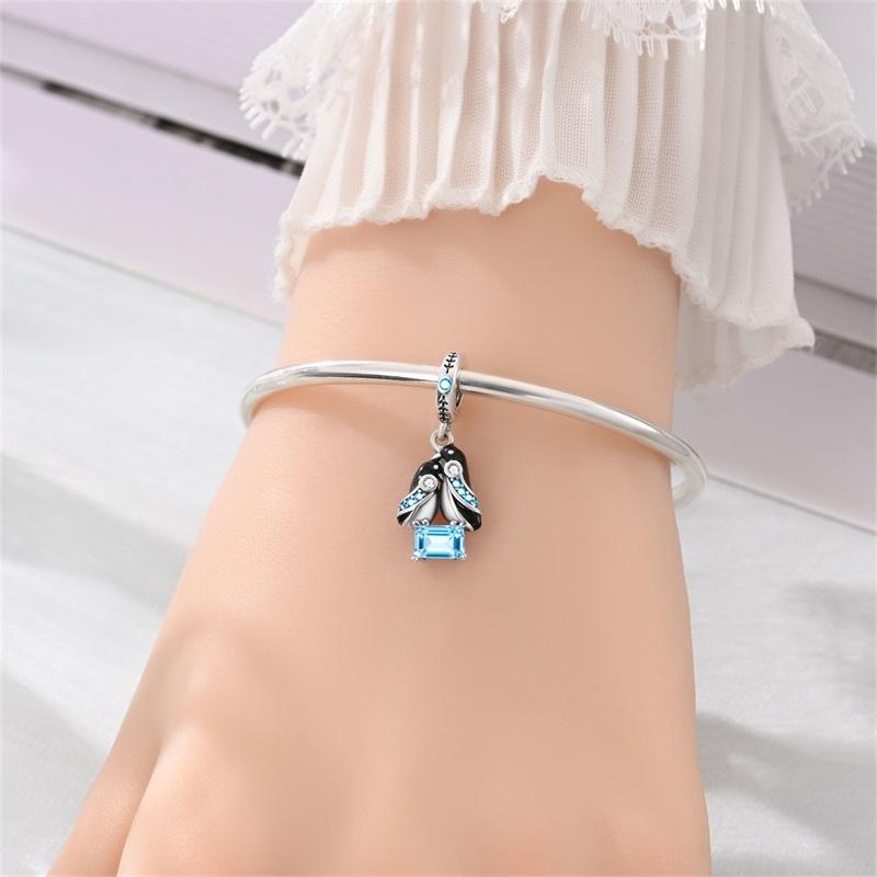 925 Silver Cute Panda Beads & Penguin Dangle Charm Fit Snake Bracelet Boutique Necklace Black Pendant Gift