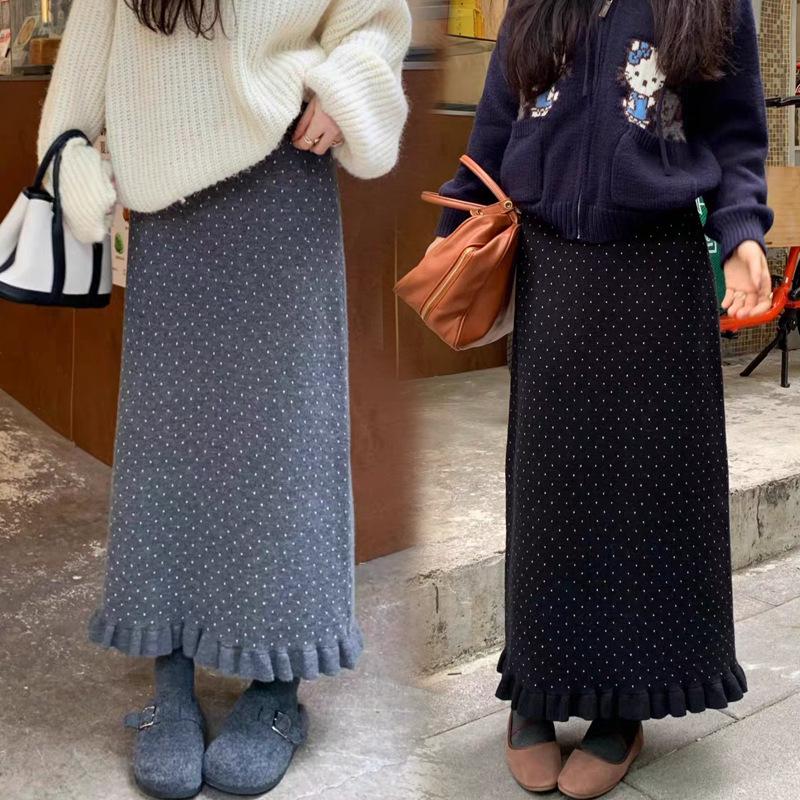 Autumn/Winter Polka Dot Ruffle Knit Midi Skirt for Maternity - Slimming, Casual XL чёрный