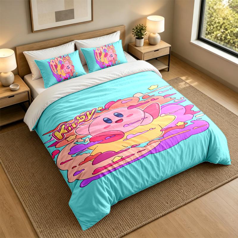 Soft Bedding Set Kirby Pattern, 1 Duvet Cover Plus 2 Pillowcases Stylish Bedroom Home Textile