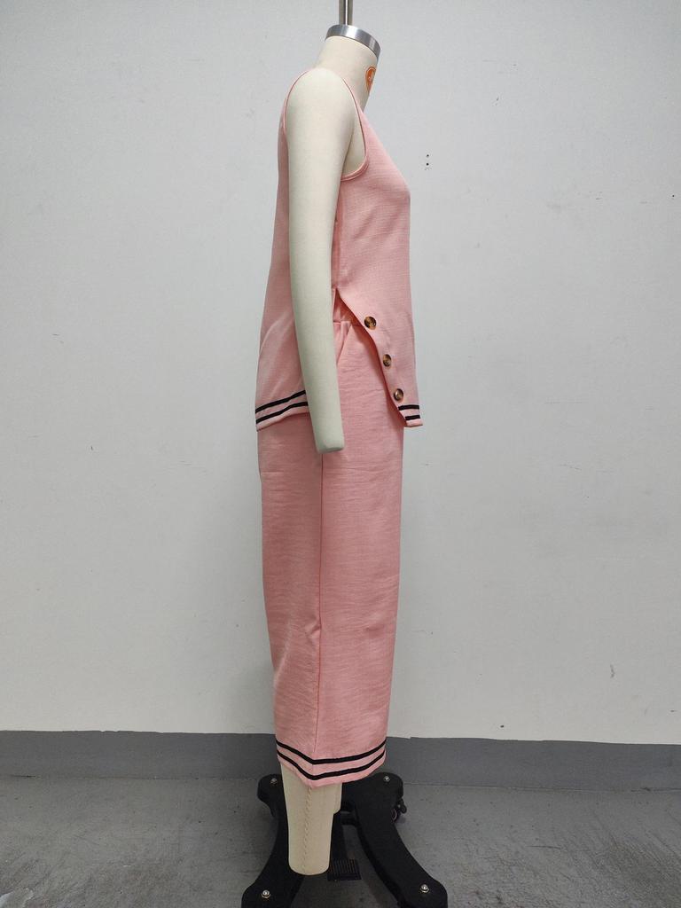 2026 Summer Women's Cotton Linen Two-Piece Set: Sleeveless Side Slit Top & Wide-Leg Cropped Pants