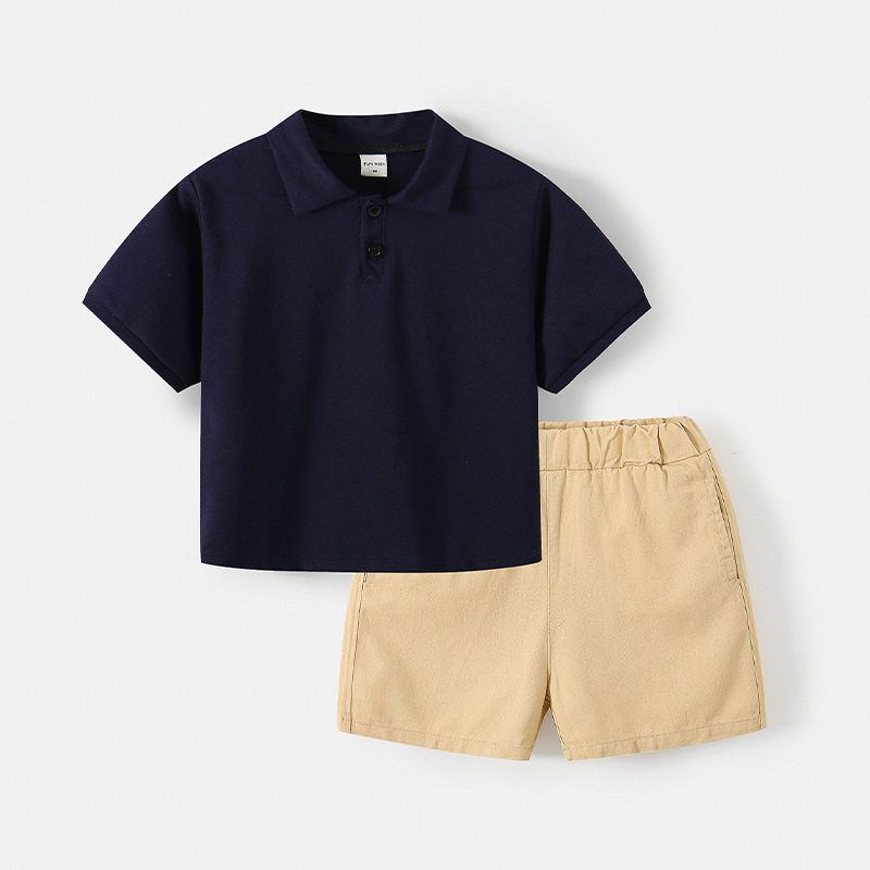 Boys' Summer Polo Shirt Short-Sleeved Shorts Set, Medium and Large Children's Clothing, Collared Top, Children's Casual Pants, Five-Point Pants