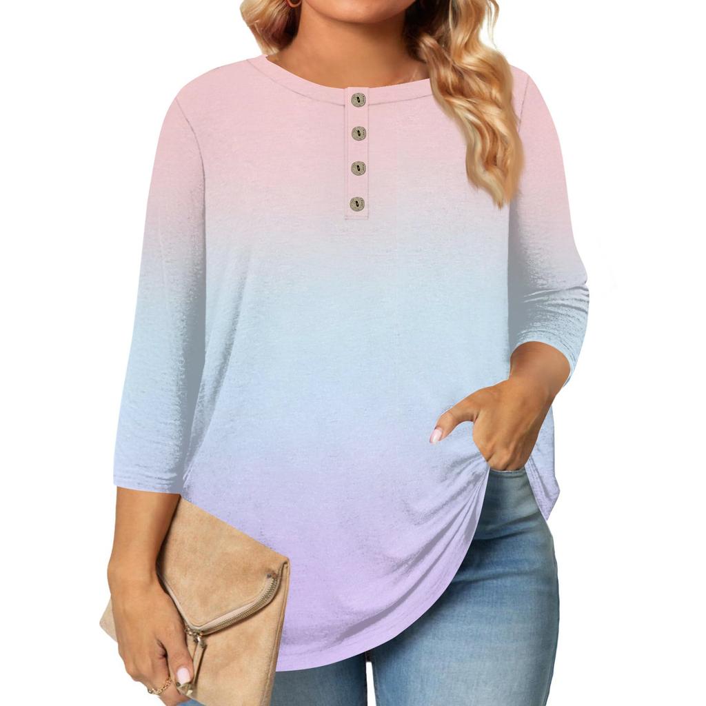Women's Large Size Print 3/4 Sleeve Button Collar Top T-Shirt Bottoming Shirt