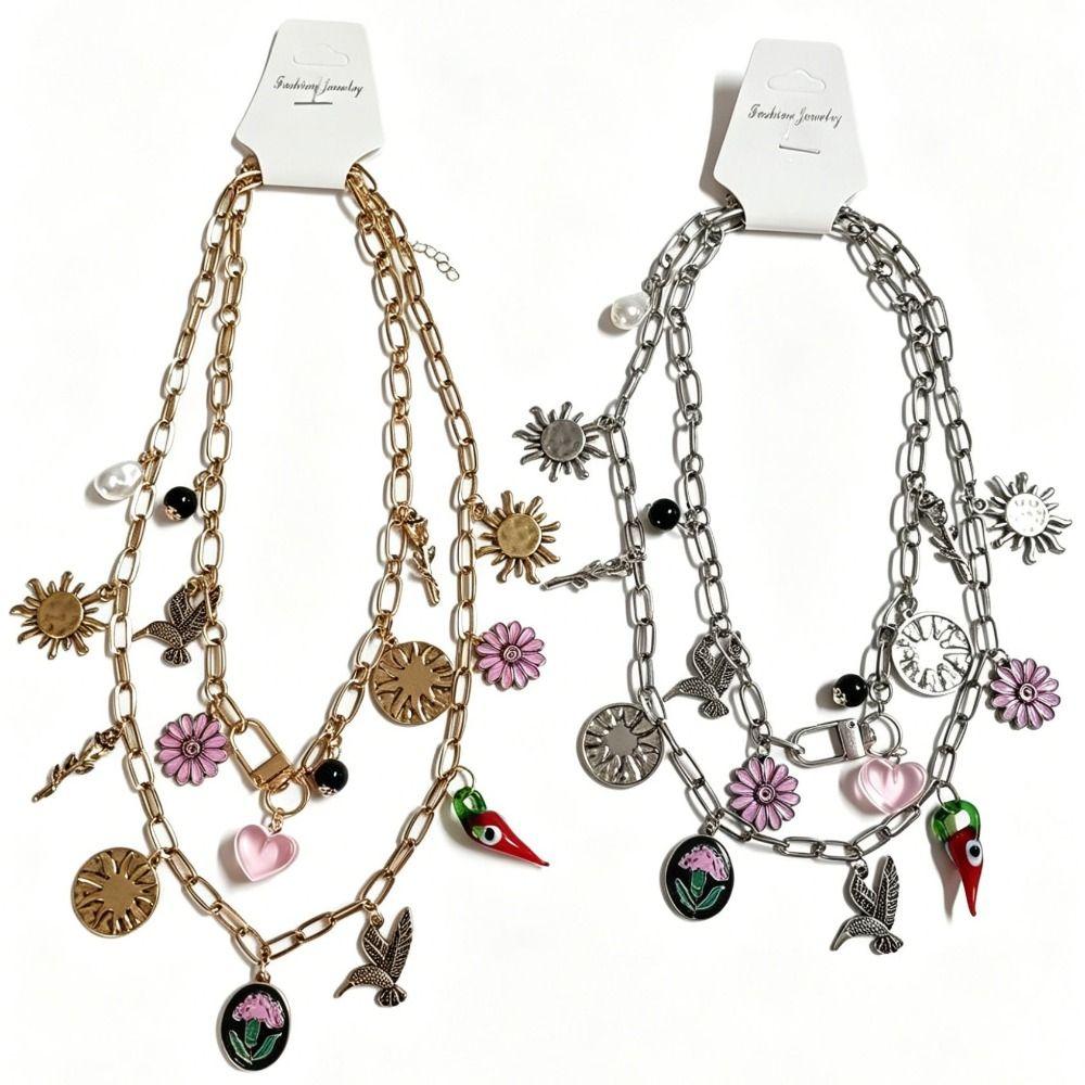 Multilayer Stacked Flower Pendant Necklace Flying Bird Bohemian Collarbone Chain Spring/Summer