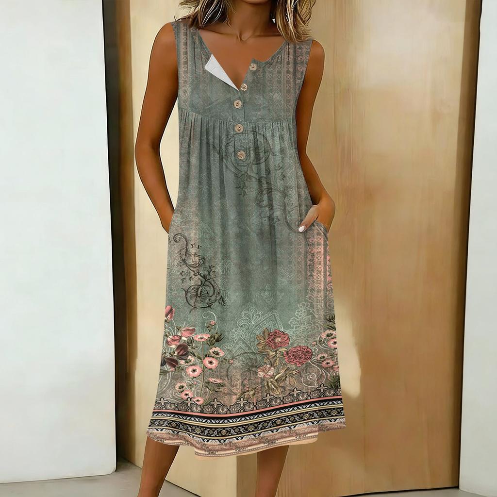 Women's Casual Sleeveless Button-down Mid-length Dress
