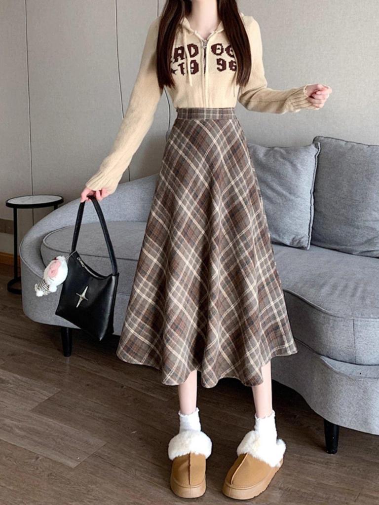 Women's High Waist Plaid Woolen A-line Skirt - Autumn/Winter 2025 Mid-length Umbrella Style