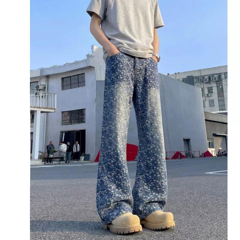 American retro washed old star-printed jeans men's thin and versatile pants straight micro-flared pants