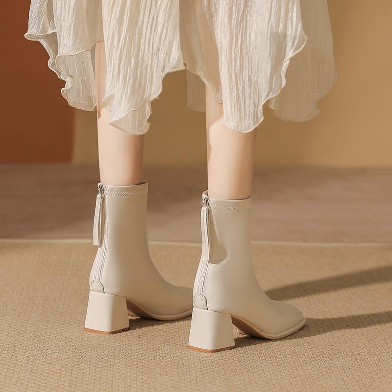 White short boots women's high heels 2025 autumn and winter new velvet square head thin boots medium thick heel short Martin boots