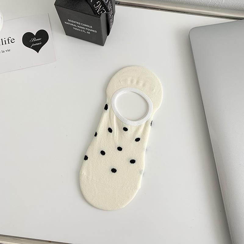 Striped Polka Dot Socks, Women's Short Socks, Spring and Summer, Thin and Cute Cartoon Dog, Low-top Shallow Black and White Boat Socks