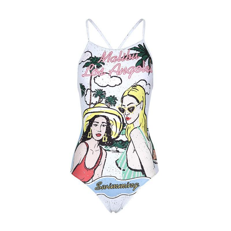 Siamese Beauty Print Sexy Leaky Back Racing Sports Tight-fitting Waist To Show Slimming Large Size Swimming Pool Hot Suit