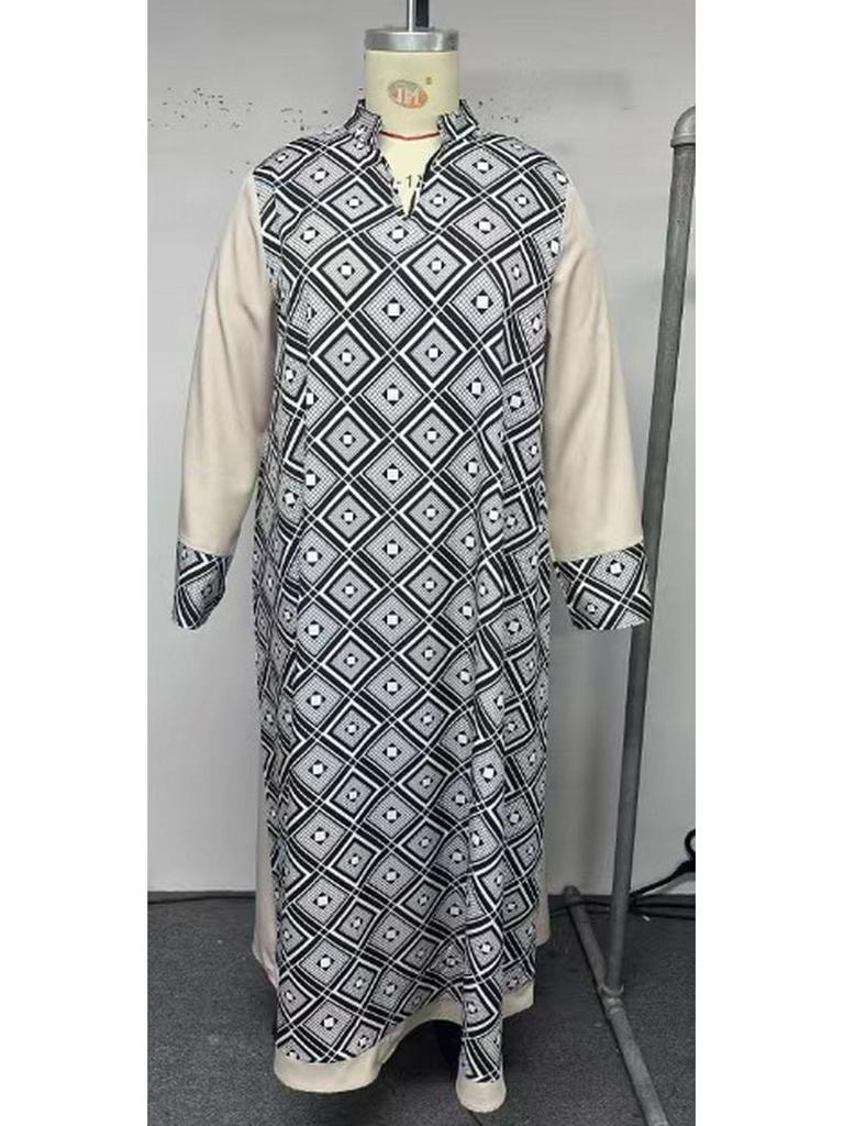 Plus Size Middle Eastern Ethnic V-Neck Printed Patchwork Long Dress