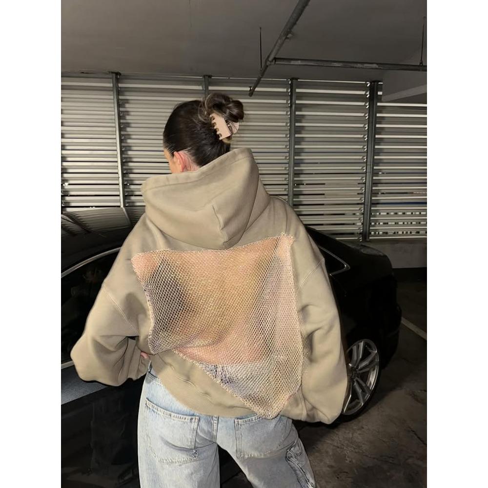 Dámská jednobarevná módní mikina s kapucí s dlouhým rukávem a odhalenými zády z duté síťoviny