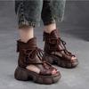 Johnature Retro Hollow-out Peep Toe Roman Sandals Fashionable Front Lace Up Women's Platform Shoes