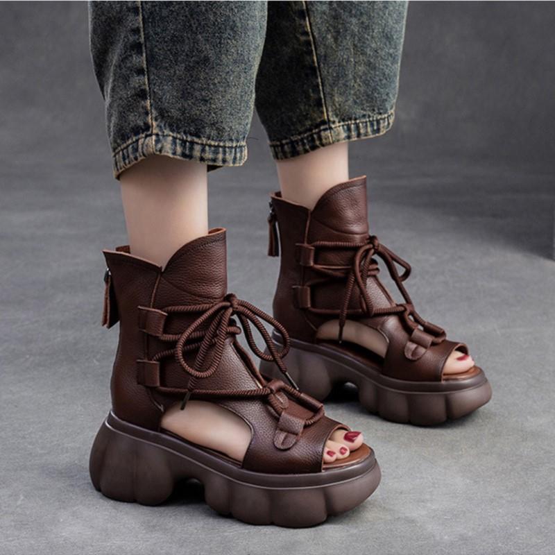Johnature Retro Hollow-out Peep Toe Roman Sandals Fashionable Front Lace Up Women's Platform Shoes