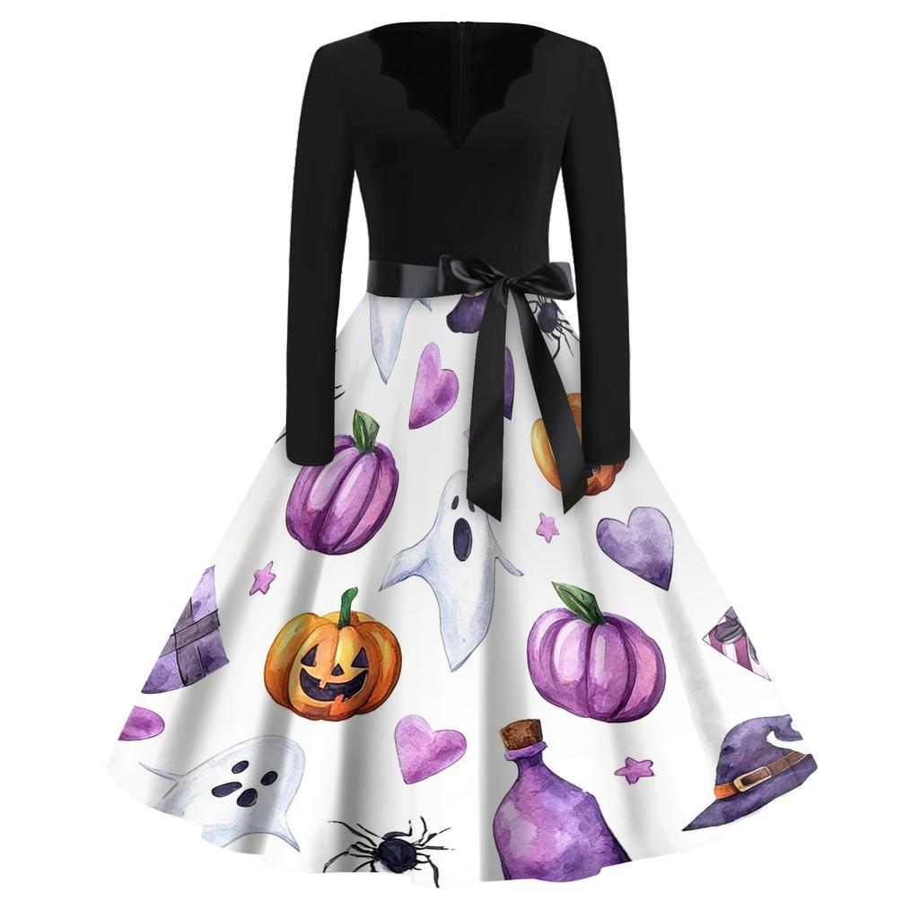 Women Long Sleeve V Neck Dress Vintage Halloween Print Midi Dress with Waist Tie Retro Casual Fit and Flare Dress for Daily Wear