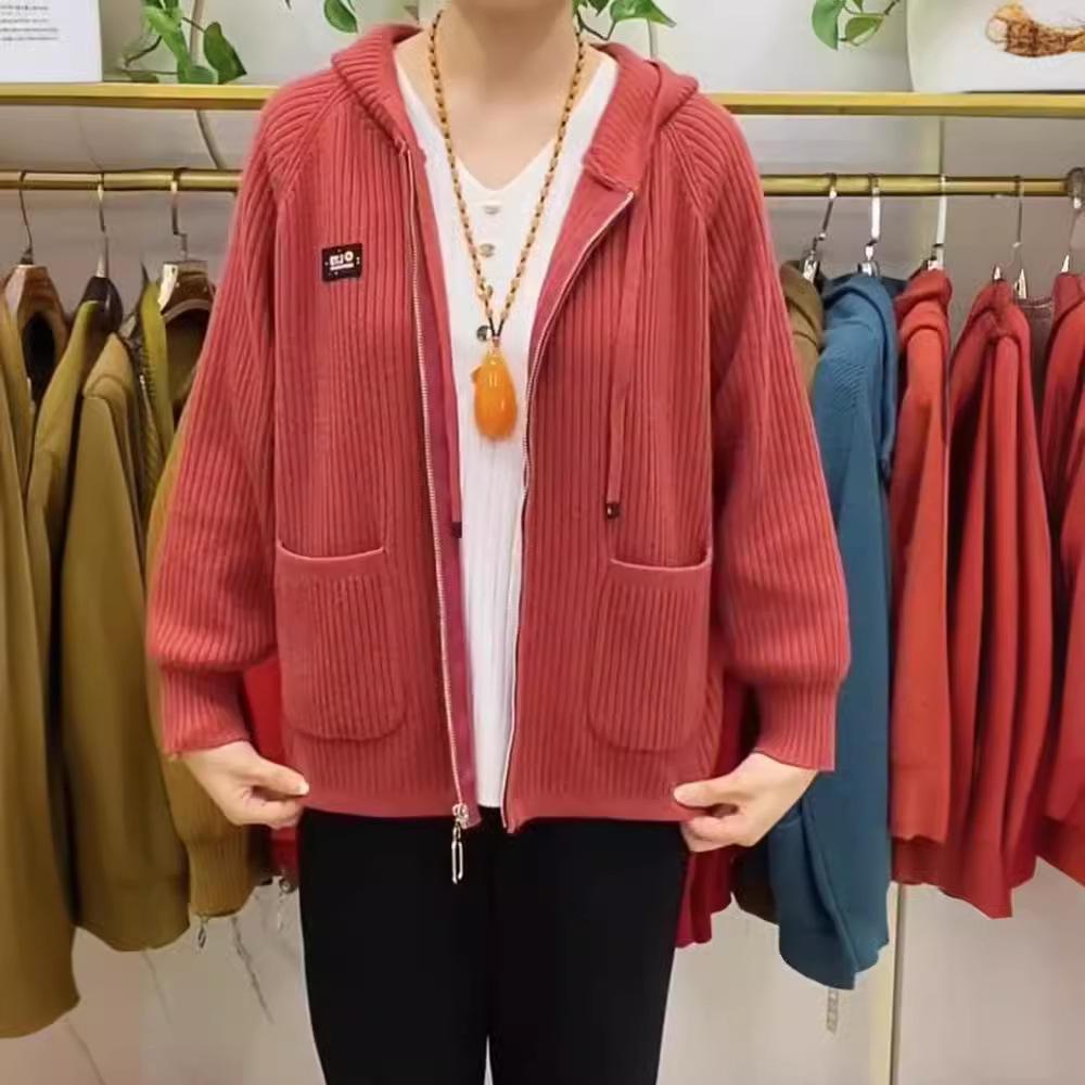 Autumn and Winter Hooded Zipper Knitted Top Sweater Cardigan Jacket for Women Middle-aged and Elderly Mothers