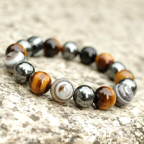 [GOLD STONE] Tiger's Eye and Hematite Bracelet, 12mm, Power Stone, Natural Stone, Prayer Beads, Men's Accessory, Inner Circumference: Approx. 18.5cm